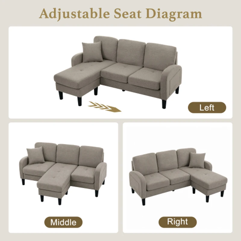 3-Seater L-shaped Corner Sofa with Reversible Chaise Lounge, Extra Cushion, Compact Couch for Apartment, 116L x 118W x 82H cm, Beige+Grey