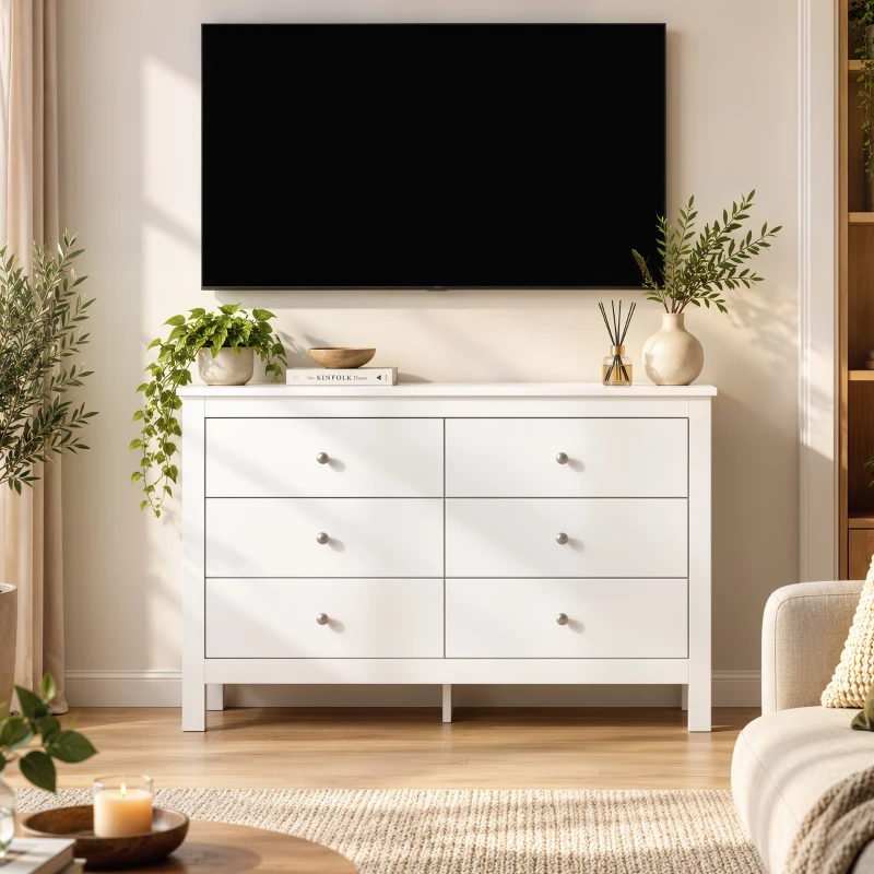 HOMCOM Commode 6 Tiroirs, Meuble de Rangement avec Glissières Fluides, Chiffonnier, Style Moderne, 118 x 39,5 x 75,5 cm, Blanc