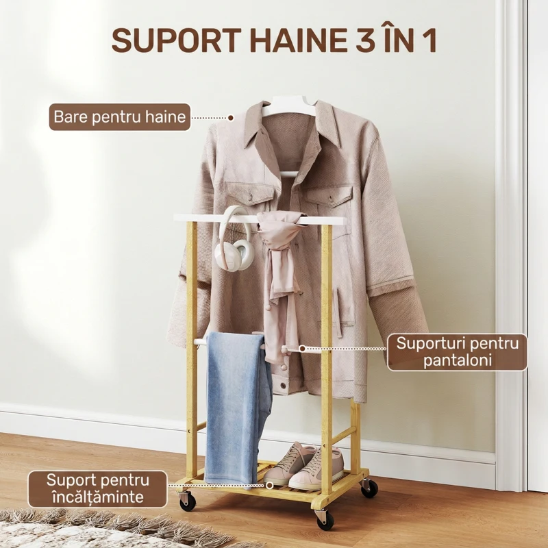 HOMCOM Cuier de Podea cu Roți, Bare și Poliță, din Bambus, Design Nordic, 47 x 33,7 x 105,5 cm, Culoare Lemn