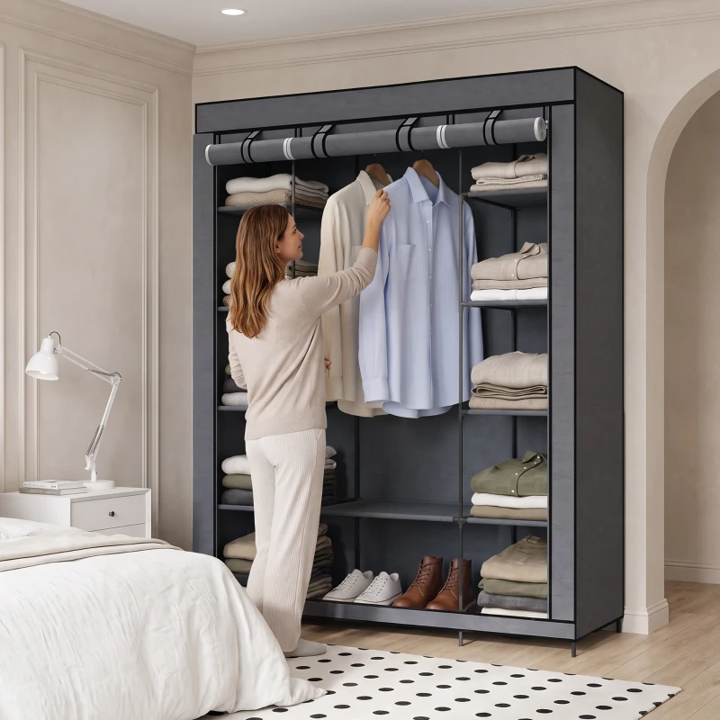 HOMCOM Armario de Tela Salvaspacio con Barra para Colgar y 11 Estantes, 135x45x175 cm, para Dormitorio, Gris