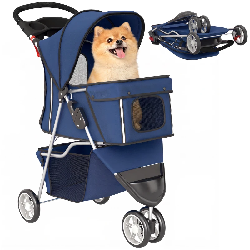 PawHut Faltbarer Buggy für kleine Hunde bis 10 kg mit 3 Rädern, Verdeck, Korb, Netzfenster, Getränkehalter, Dunkelblau