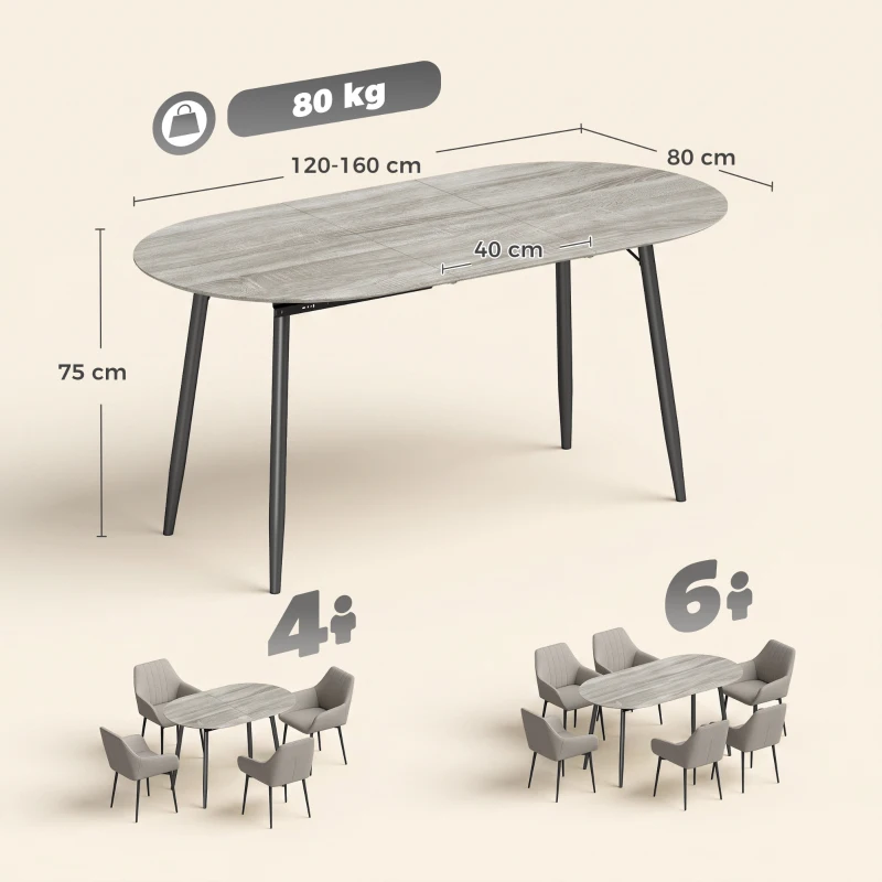 HOMCOM Uitschuifbare ovale eettafel voor 4-6 personen, verlengbare moderne keukentafel met metalen frame, grijs