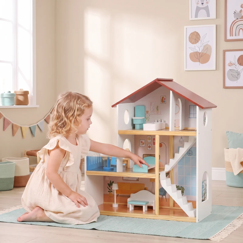 AIYAPLAY Kids Wooden Dolls House, 3-Story Dollhouse with 5 Rooms and 11 Accessories, Pretend Play Gift for Ages 3+, White