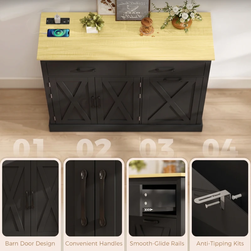 HOMCOM Tilt Out Trash Cabinet with Charging Station, Kitchen Island with Storage, 57 Liter Hidden Rubbish Bin Storage, Black