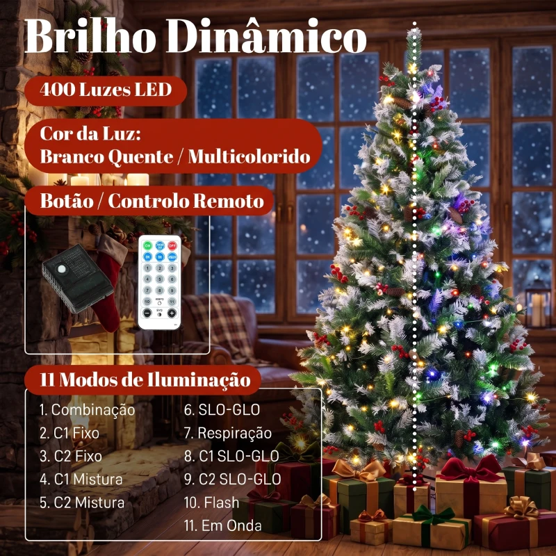 HOMCOM Árvore de Natal Nevada 210 cm com 400 LED 11 Modos Comando à Distância 1253 Pontas 44 Pinhas e 44 Bagas