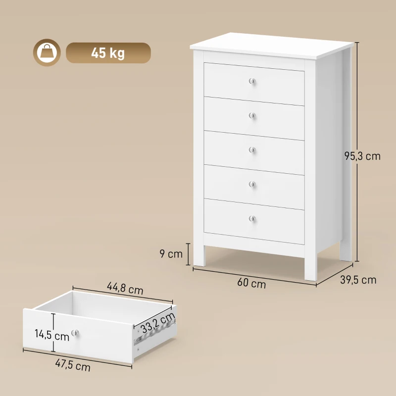 HOMCOM Cómoda 5 Cajones, Mueble de Almacenamiento con Guías Suaves, Cómoda Alta, Estilo Moderno, 60 x 39,5 x 95,3 cm, Blanco