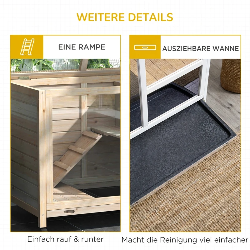PawHut Kleintierstall mit 2 Ebenen 4 Rollen versiegeltes Tannenholz Natur