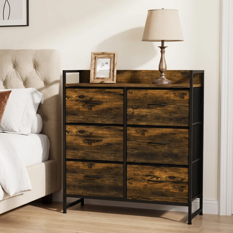 HOMCOM Rustic Chest of Six Fabric Drawers - Rustic Brown