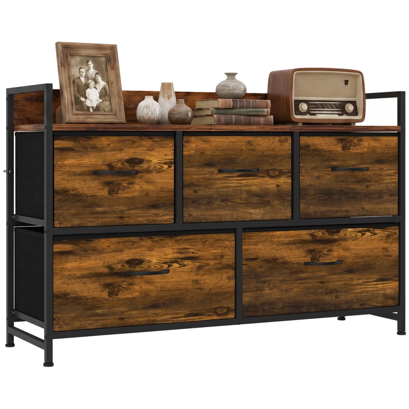 HOMCOM Commode, meuble de rangement avec 5 tiroirs en tissu pliables, plateau et cadre en acier, 98 x 29 x 63 cm, brun rustique