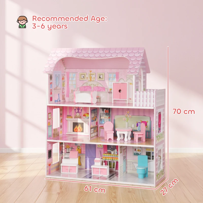 AIYAPLAY Dolls House, 6 Rooms Modern Dollhouse with LED Lights, 8 Furniture Pieces, 3-Level Playhouse Gift for Kids 3-6 Years