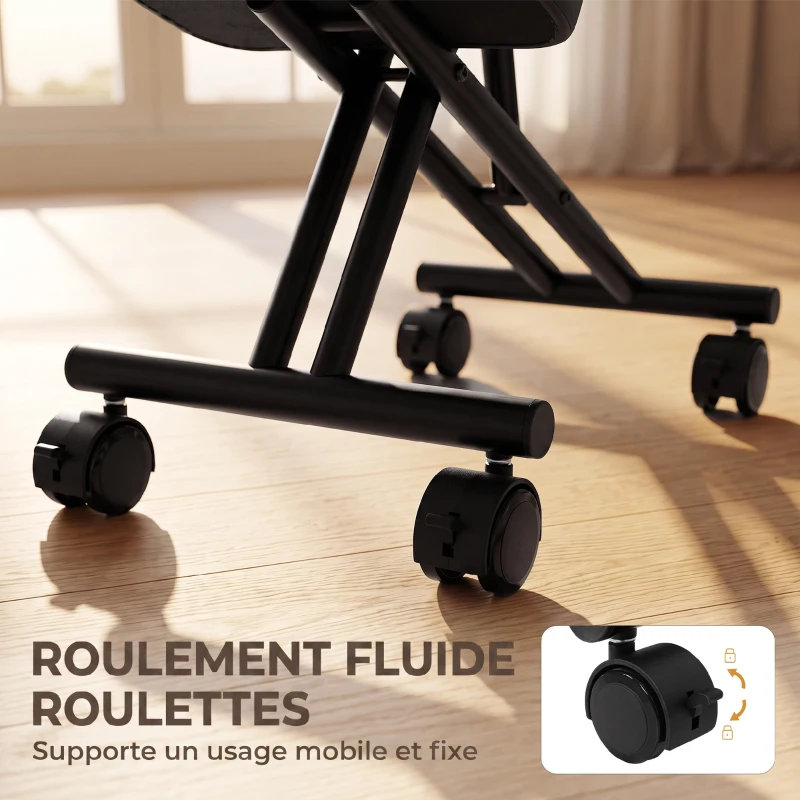 HOMCOM Chaise à Genoux Ergonomique avec Dossier, Siège Assis Genoux Réglable en PU sur Roulettes, Noir