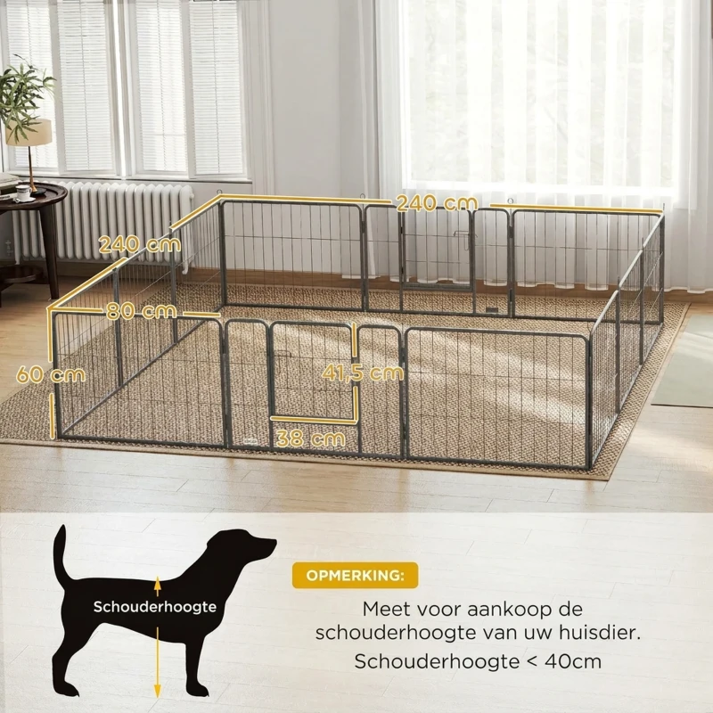 PawHut Huisdieromheining, puppyren, puppyhek, 12 panelen, voor binnen en buiten, grijs