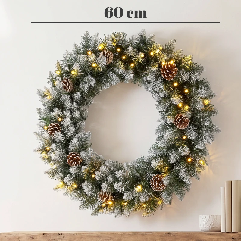 HOMCOM Verlichte kerstkrans 60 cm met 50 leds, dennenappels en sneeuwlook voor kerst en voordeur