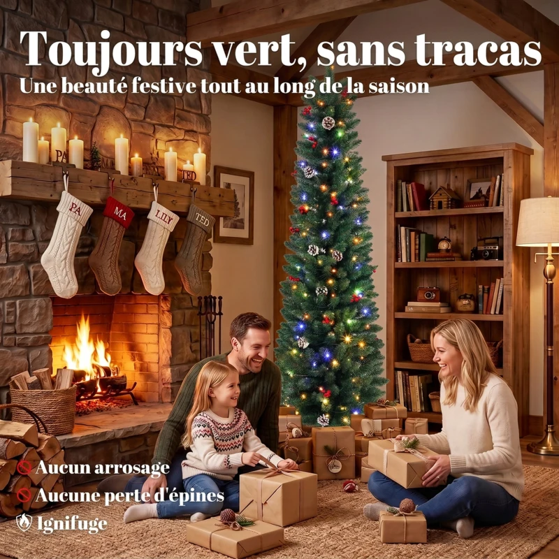 HOMCOM Sapin de Noël Artificiel Crayon 180cm, Pré-éclairé 170 LEDs, 11 Modes, 351 Branches, Télécommande, Base Amovible, Vert