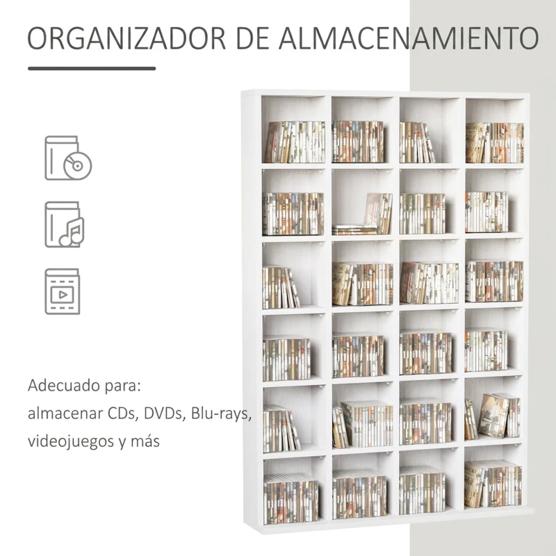 HOMCOM Estantería para 456 CDs y 336 DVDs con 24 Compartimentos Estantes Ajustables para Salón Oficina 89x20x130,5 cm Blanco