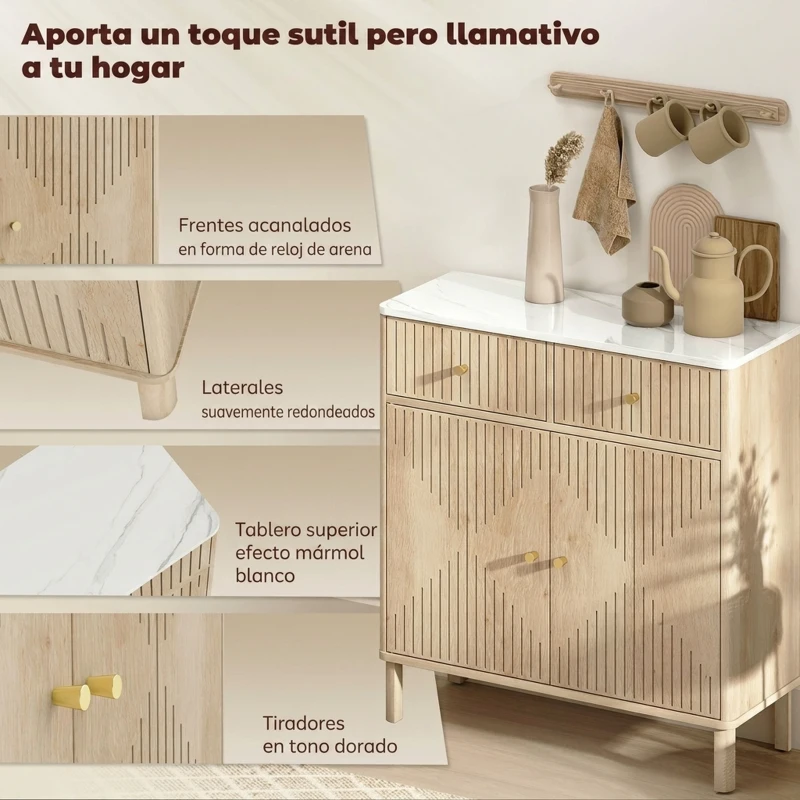 HOMCOM Aparador de 2 Puertas y 2 Cajones Aparador de Salón Moderno Estante Ajustable Encimera Efecto Mármol 77x30x80 cm Roble