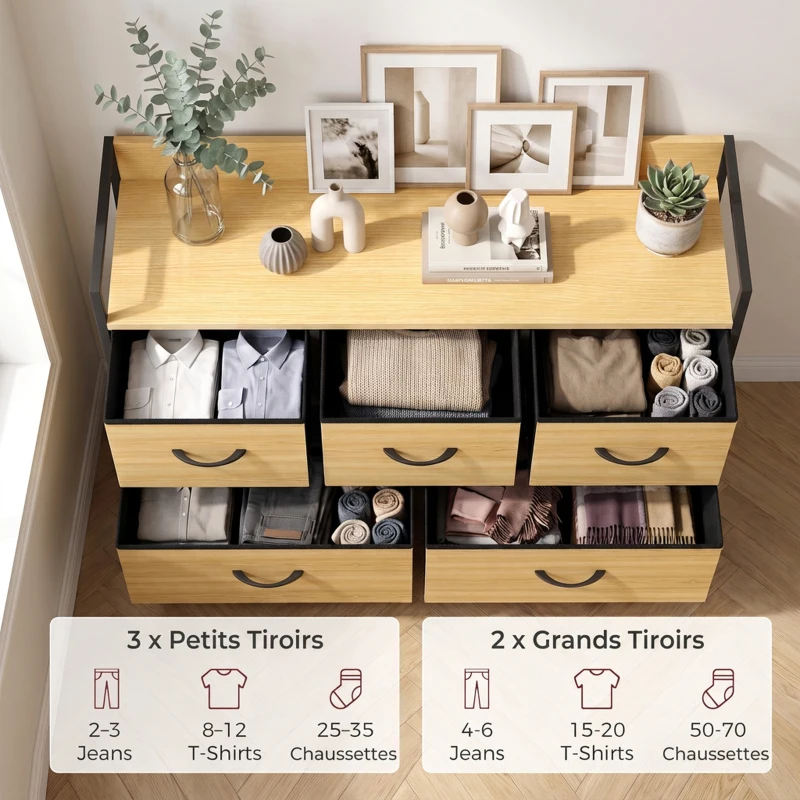 HOMCOM Commode, meuble de rangement avec 5 tiroirs en tissu pliables, plateau et cadre en acier, 98 x 29 x 63 cm, chêne