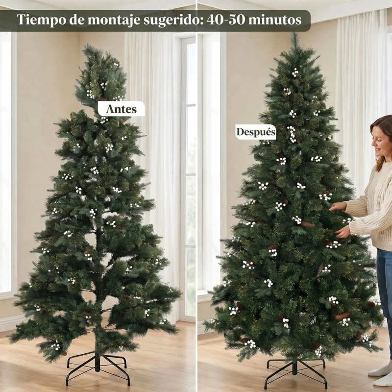 HOMCOM Árbol de Navidad Artificial 220 cm con 1116 Ramas Base Metálica Plegable Sistema con Bisagras Realista y Frondoso Verde