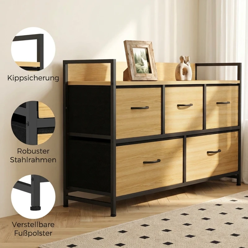 HOMCOM Kommode mit faltbaren Stoffschubladen, Melaminholz, Stahlrahmen,  Eiche
