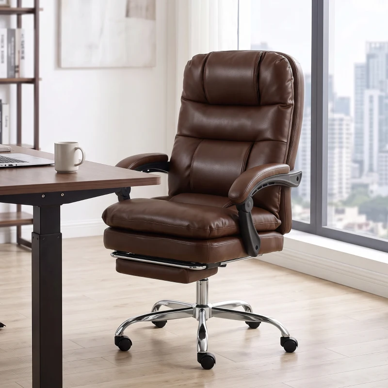 HOMCOM Cadeira de Escritório Ergonómica com Apoio para os Pés Molas Ensacadas Reclinável 155° Encosto Alto Apoio de Cabeça Castanho