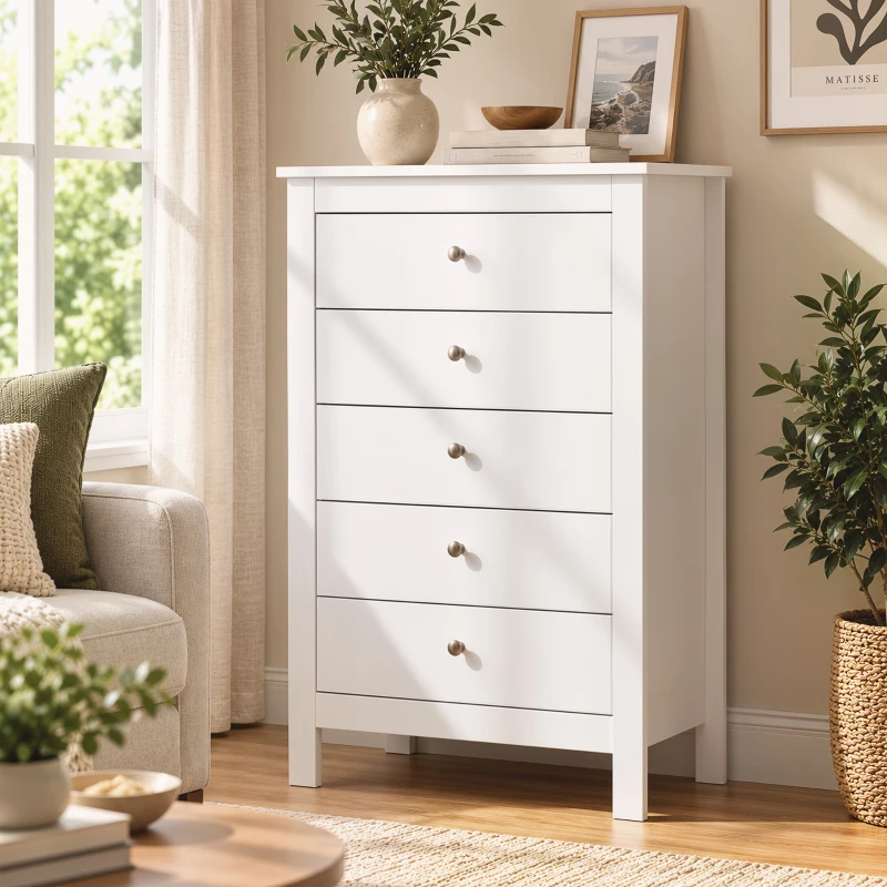 HOMCOM Commode 5 Tiroirs, Meuble de Rangement avec Glissières Fluides, Chiffonnier, Style Moderne, 60 x 39,5 x 95,3 cm, Blanc