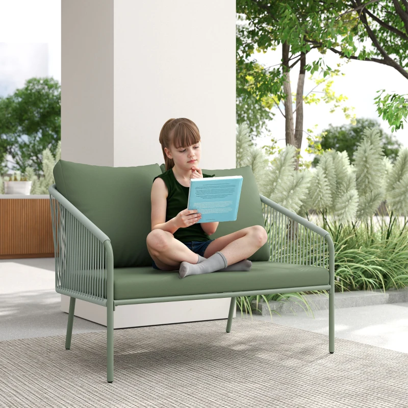 Outsunny Canapé de jardin 2 places en résine tressée avec coussins canapé d'extérieur accoudoirs cadre en acier 112x72x76cm vert