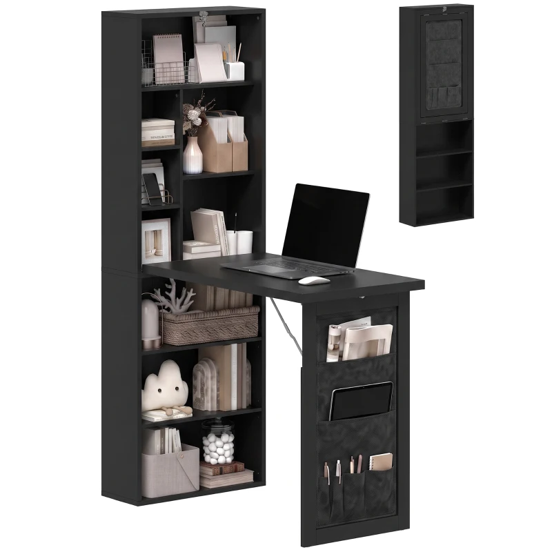HOMCOM Klappbarer Schreibtisch mit Regal, verstellbarem Regal und Organisations-Tasche für kleine Räume 98x51x153 cm Schwarz