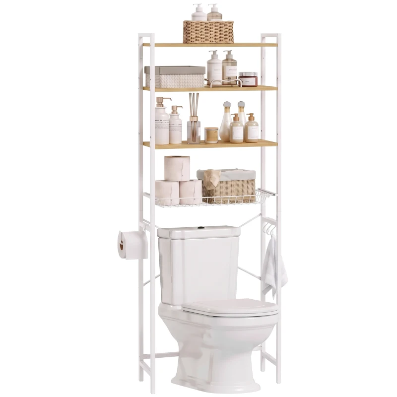 HOMCOM Meuble au-dessus du WC 3 niveaux avec porte-rouleau étagères réglables panier extractible et crochets chêne