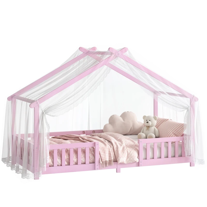 AIYAPLAY Lit Cabane Enfant 90x200 cm, Lit Enfant en Forme de Maison avec Barrières de Sécurité et Sommier à Lattes Solides, Rose