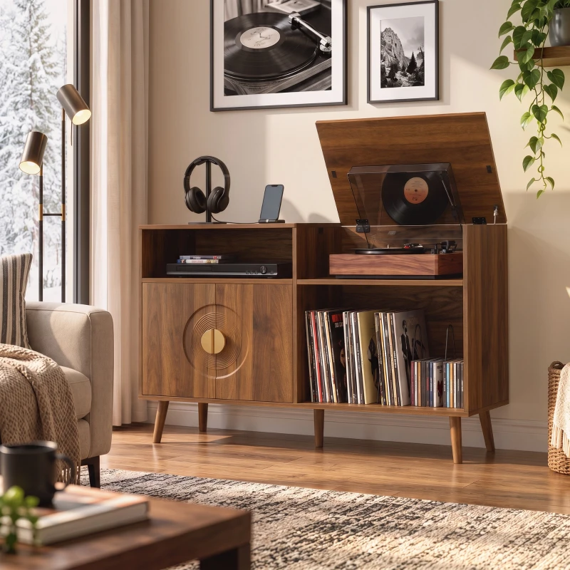 HOMCOM Record Player Stand, Vinyl Record Holder with Storage Holds Up to 300 Albums with Flip-Top Compartment, Walnut