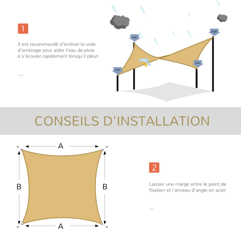 Outsunny Voile d'ombrage rectangulaire 3 x 4 m polyéthylène Haute densité Protection UV Avec sac de rangement - Coloris sable