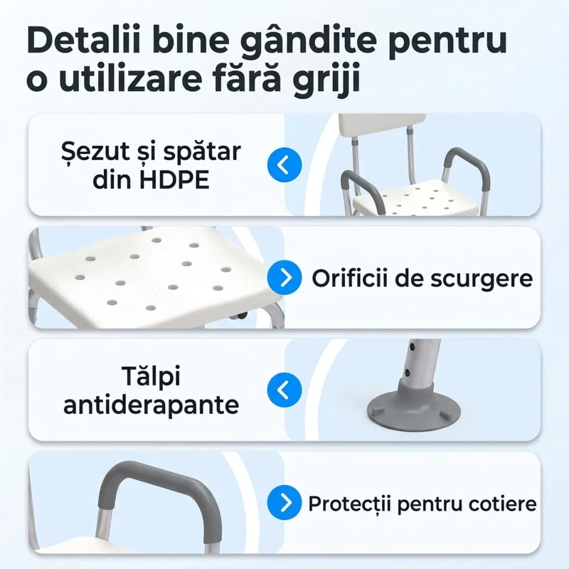 HOMCOM Scaun de duș reglabil pe înălțime, cu brațe și pernă detașabilă, 53.5x52x80-90 cm, alb