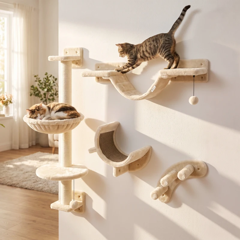 PawHut Four-Piece Cat Wall Furniture, with Hammock, Ladder, Platforms, Steps, for Indoor Use - Beige