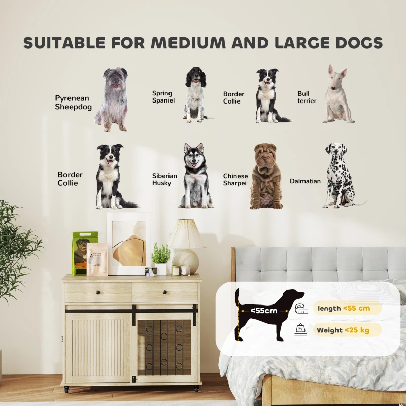 PawHut Dog Crate Furniture on Wheels, Dog Cage with 2 Drawers, Sliding Door, for Medium Large Dogs, Oak Tone