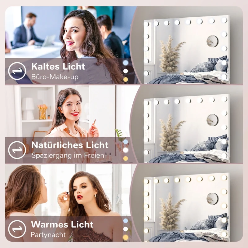 HOMCOM Hollywood Spiegel mit 18 LEDs Schminkspiegel 80x60 cm Kosmetikspiegel mit 3 Lichtfarben, Einstellbare Helligkeit