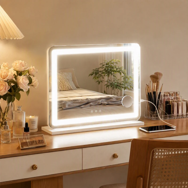 HOMCOM Schminkspiegel mit LED Beleuchtung 80x60 cm Kosmetikspiegel mit 3 Lichtfarben, USB-Ladefunktion, 10X Vergrößerung