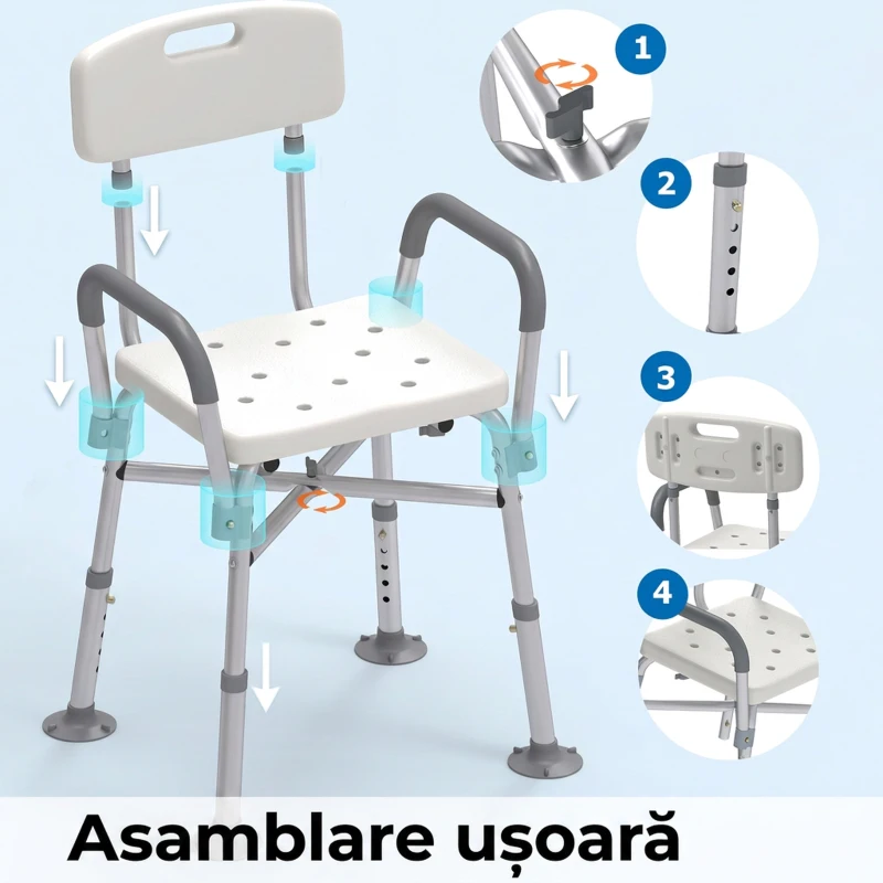HOMCOM Scaun de duș reglabil pe înălțime, cu brațe și pernă detașabilă, 53.5x52x80-90 cm, alb