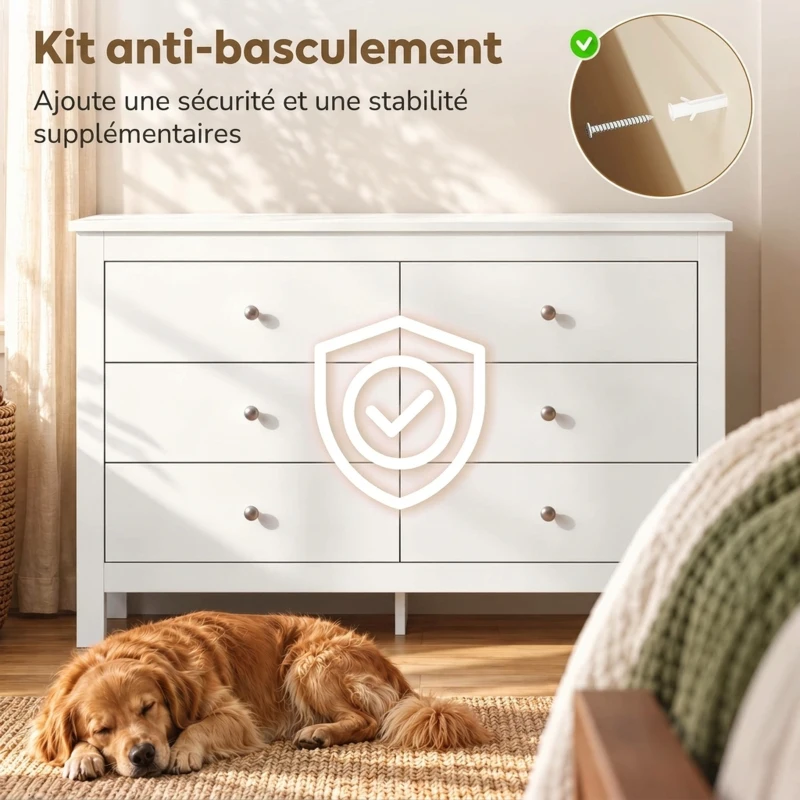 HOMCOM Commode 6 Tiroirs, Meuble de Rangement avec Glissières Fluides, Chiffonnier, Style Moderne, 118 x 39,5 x 75,5 cm, Blanc