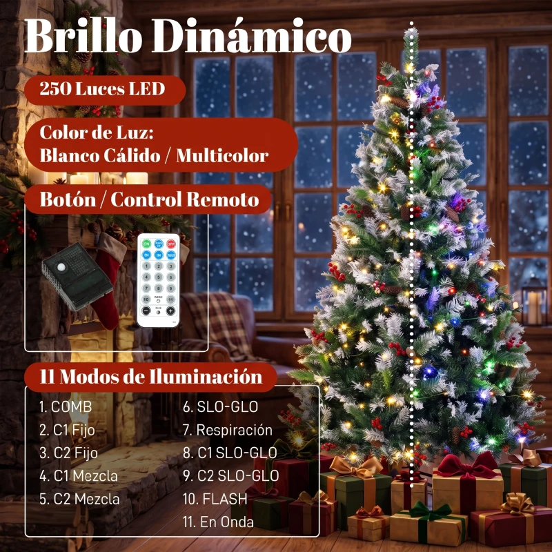 HOMCOM Árbol de Navidad Nevado 180 cm con 250 LED 11 Modos Mando a Distancia 840 Puntas 34 Piñas y 34 Bayas Verde