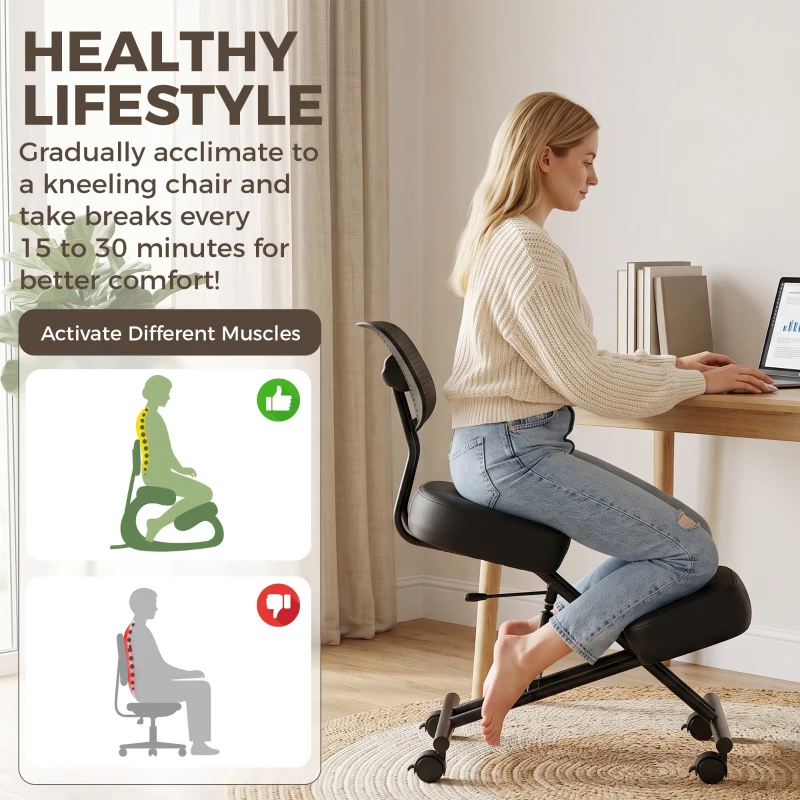 HOMCOM Chaise à Genoux Ergonomique avec Dossier, Siège Assis Genoux Réglable en PU sur Roulettes, Noir