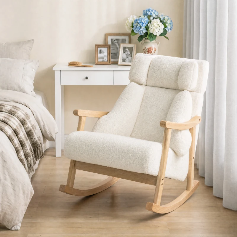 HOMCOM Mecedora Tapizada de Borreguito con Reposacabezas Ajustable y Patas de Madera 65x98x88 cm Crema