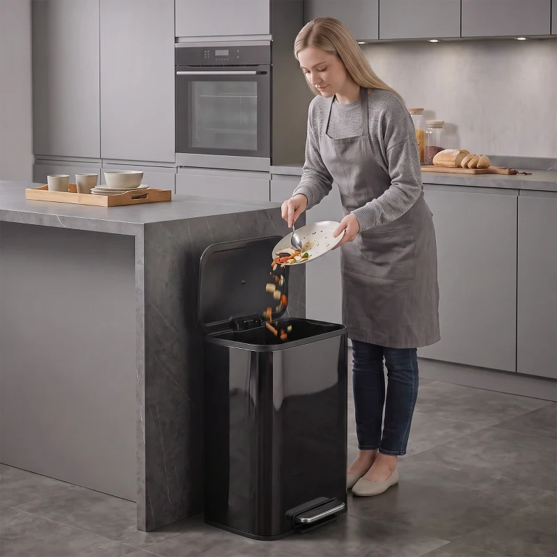HOMCOM 50L Kitchen Bin, Metal Pedal Rubbish Bin with Soft Close and Stay-Open Lid, Removable Inner Bucket, High Gloss Black