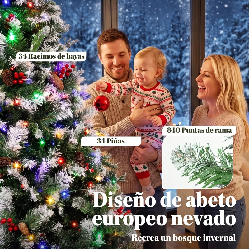 HOMCOM Árbol de Navidad Nevado 180 cm con 250 LED 11 Modos Mando a Distancia 840 Puntas 34 Piñas y 34 Bayas Verde
