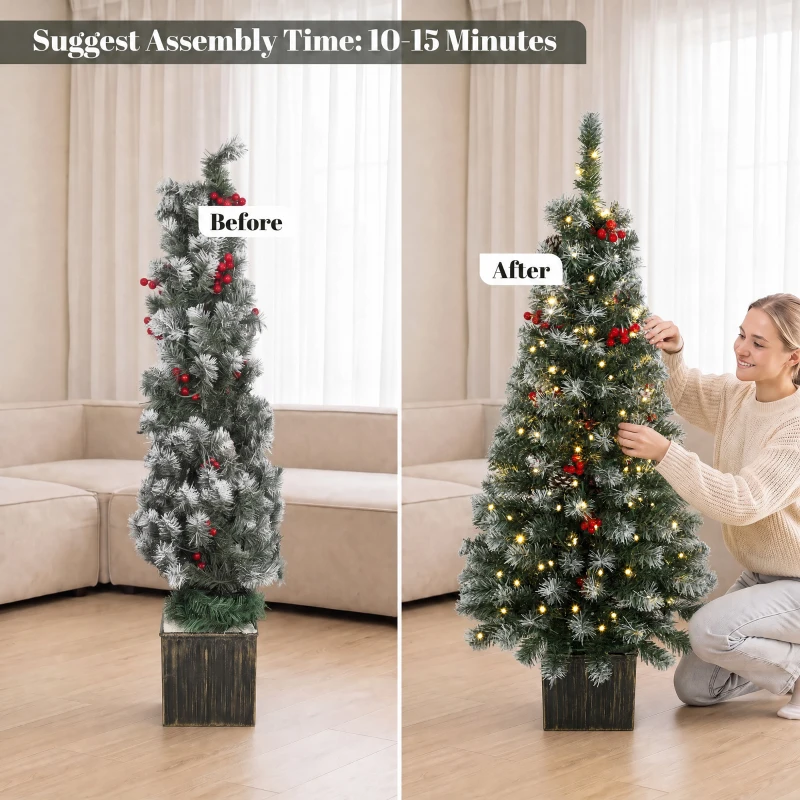 HOMCOM 4ft Pre-Lit Slim Artificial Christmas Tree Set of 2, with 100 Dual-Colour LED Lights, 140 Frosted Branch Tips