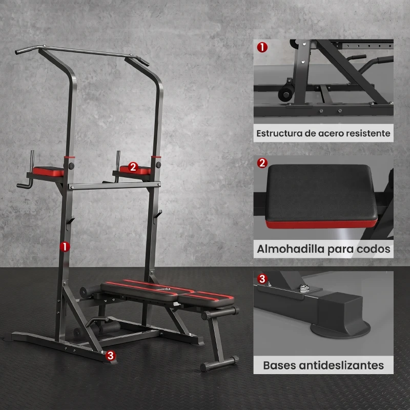HOMCOM Estación de Musculación Plegable Altura Ajustable con Barra de Dominadas Banco Reclinable para Gimnasio Negro y Rojo