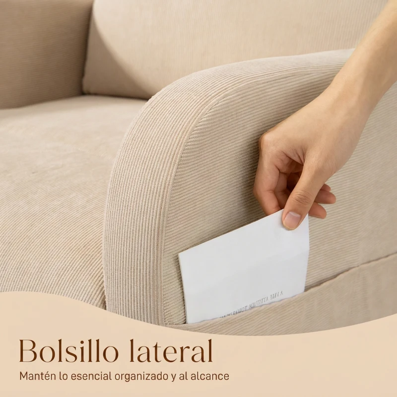 HOMCOM Silla Mecedora de Pana con Respaldo Alto Patas de Madera de Caucho Bolsillos Reposabrazos Estilo Moderno Beige