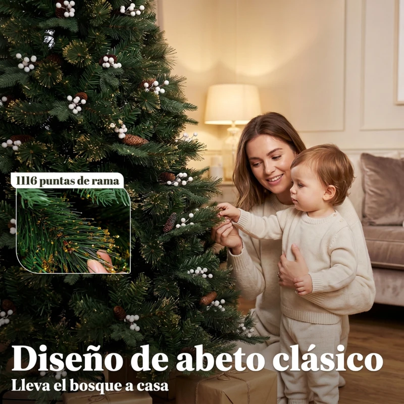 HOMCOM Árbol de Navidad Artificial 220 cm con 1116 Ramas Base Metálica Plegable Sistema con Bisagras Realista y Frondoso Verde
