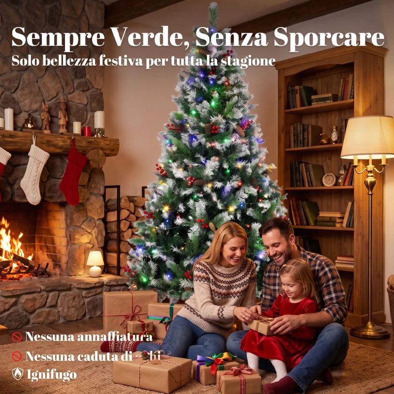 HOMCOM Albero di Natale Innevato 180 cm, 250 LED a 2 Colori, Telecomando, 11 Modalità, Pigne e Bacche Rosse