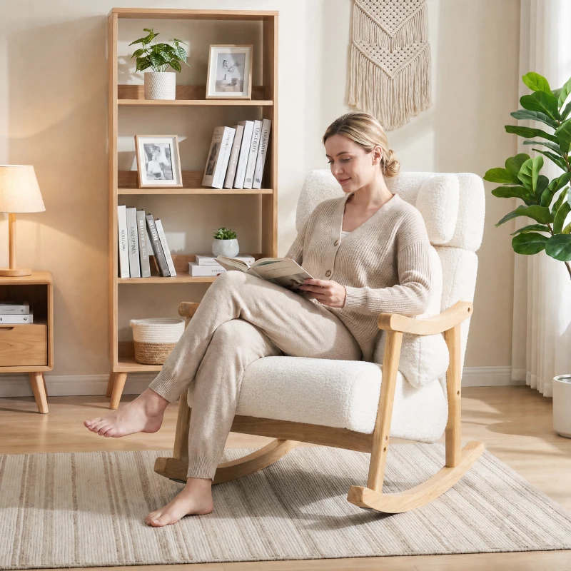 HOMCOM Mecedora Tapizada de Borreguito con Reposacabezas Ajustable y Patas de Madera 65x98x88 cm Crema