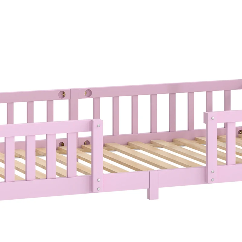 AIYAPLAY Wooden Kids House Single Bed Frame, Solid Pine Wood Toddler Bed with Dual Guardrails for Children, Boys, Girls, Pink